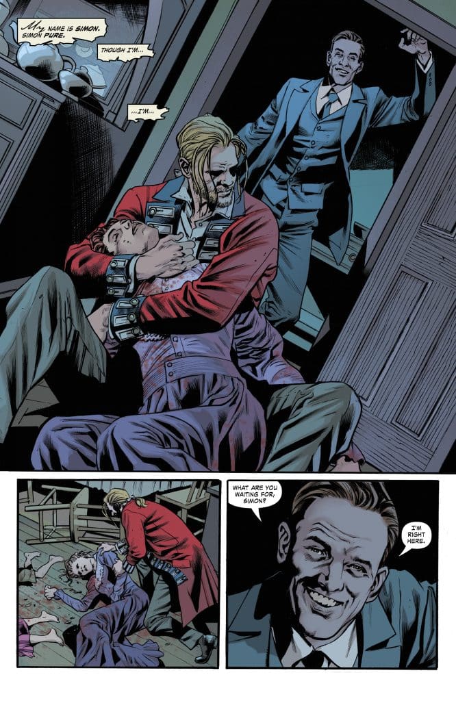 A tense scene in a comic book featuring a man in a red coat holding another man, who appears to be unconscious or injured, while a smiling man in a blue suit watches from the background.
