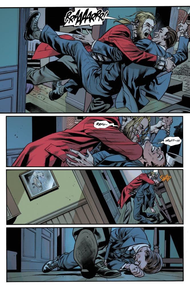 A comic book illustration depicting a dramatic struggle between two men. One man, dressed in a red coat, is overpowering another man in a suit. The scene shows intense action with expressions of anger and effort, as furniture and a framed picture are visible in the background.