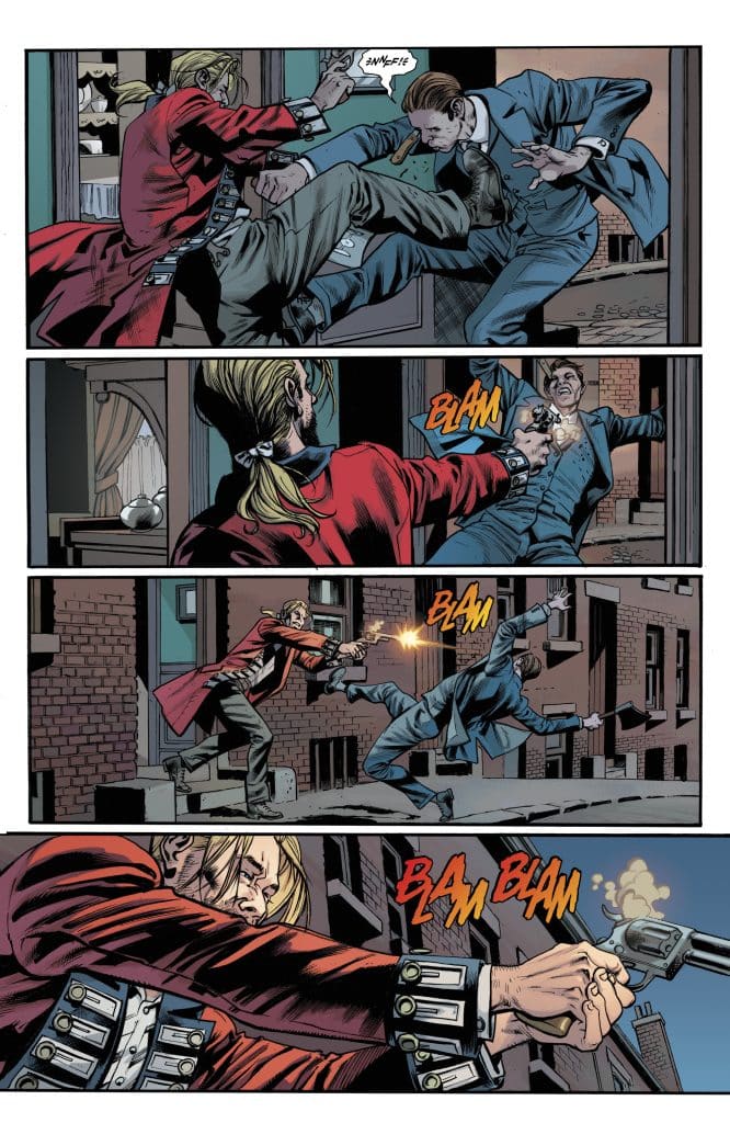 A comic book scene depicting a fight between two characters, one wearing a red coat and the other in a blue suit, with dynamic action as they exchange blows and gunfire.