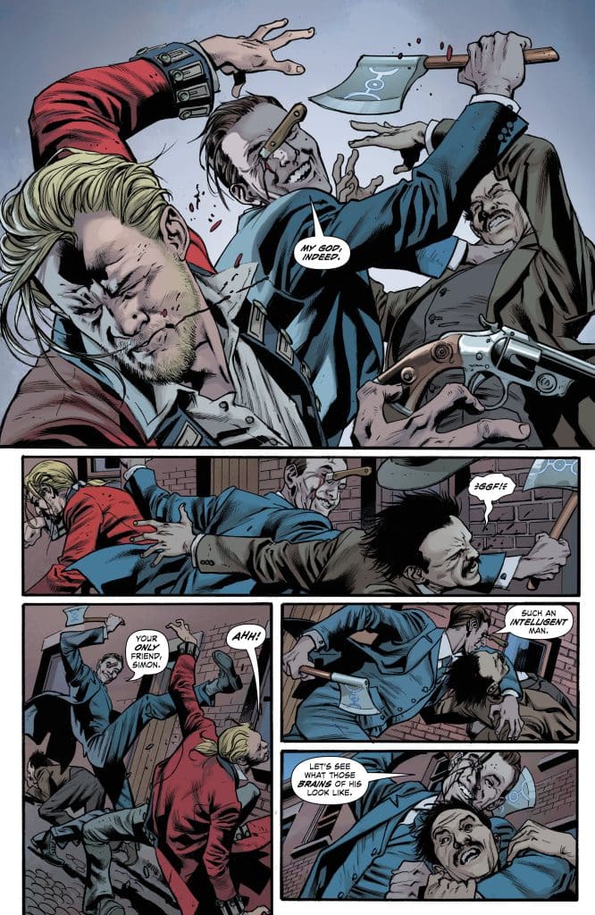 A chaotic comic book scene featuring characters engaged in a violent struggle. One character is striking another with an axe, while others are shown grappling in the background. The panel includes dialogue bubbles expressing shock and taunts.
