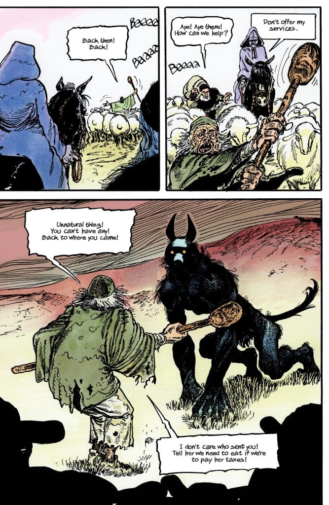 Comic panel featuring a confrontation between a hooded figure and a man holding a stick, surrounded by sheep.