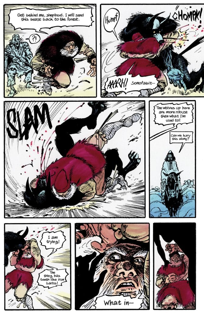 A comic strip showing a confrontation between a shepherd and a beast. The shepherd commands someone to get behind him while bracing for an attack. The beast attacks with ferocity, causing chaos as characters express shock and struggle. The final panels depict the shepherd in disbelief over the beast's formidable nature.