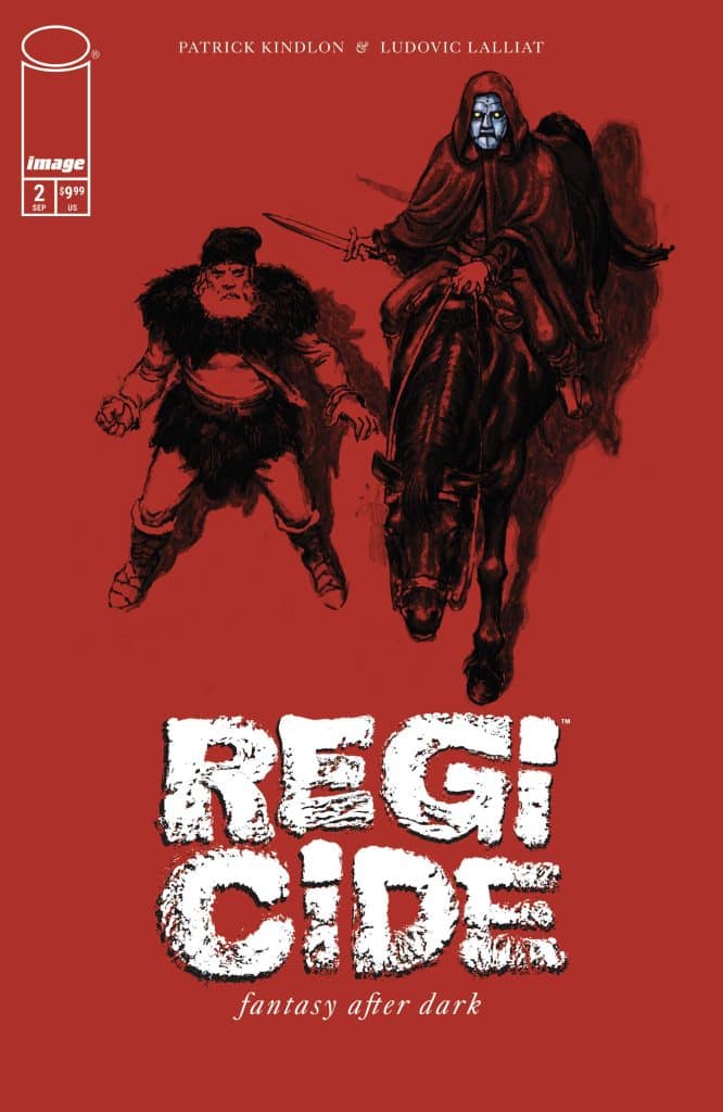 Cover of the comic book 'Regicide' featuring a hooded figure on a horse and a bearded man with a sword, set against a red background.