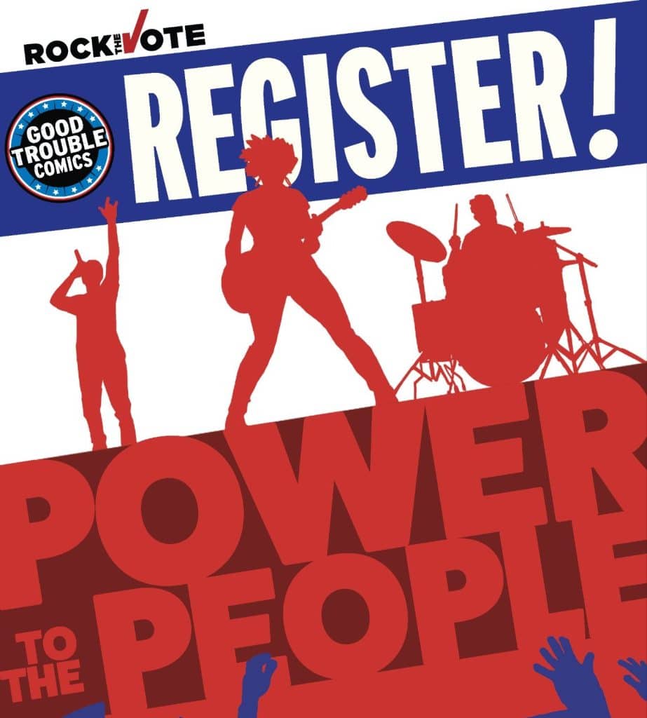 Graphic promoting voter registration with the text 'REGISTER!' and 'POWER TO THE PEOPLE,' featuring silhouettes of musicians and a cheering crowd.