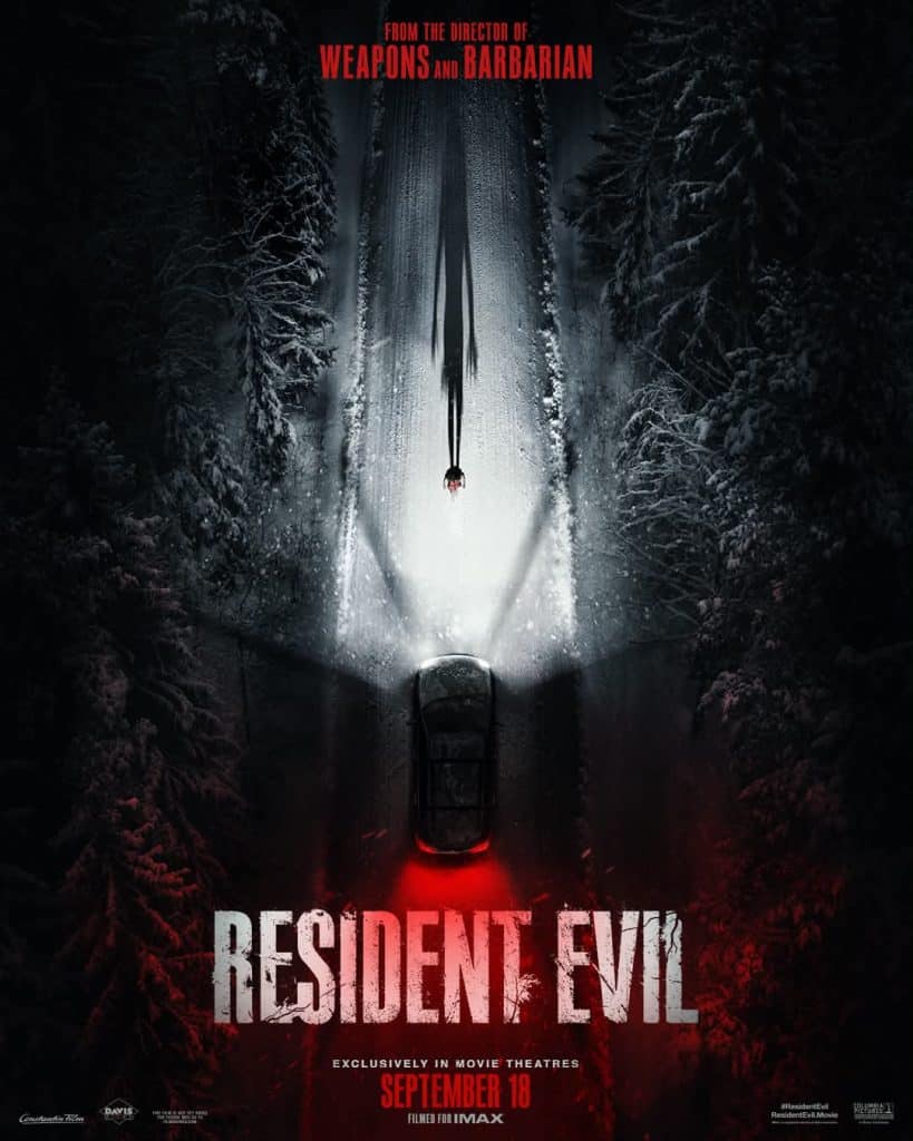 Movie poster for Resident Evil featuring a dark snowy road with a car and a long shadow, with the text 'FROM THE DIRECTOR OF WEAPONS AND BARBARIAN' at the top and 'RESIDENT EVIL EXCLUSIVELY IN MOVIE THEATRES SEPTEMBER 18 FILMED FOR IMAX' at the bottom.