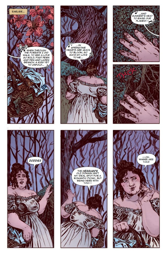 A comic panel depicting a woman in a vintage dress surrounded by trees and flowers, expressing thoughts of love. She is seen reaching out to touch a tree, with lyrics suggesting a romantic theme. Her expressions convey longing and playfulness as she calls for someone named Doddie.