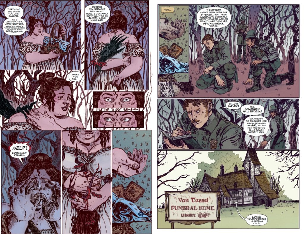 A comic book page featuring a distressed woman in a forest, holding a basket and looking scared, with surreal elements such as eyes peeking out and hands reaching towards her.