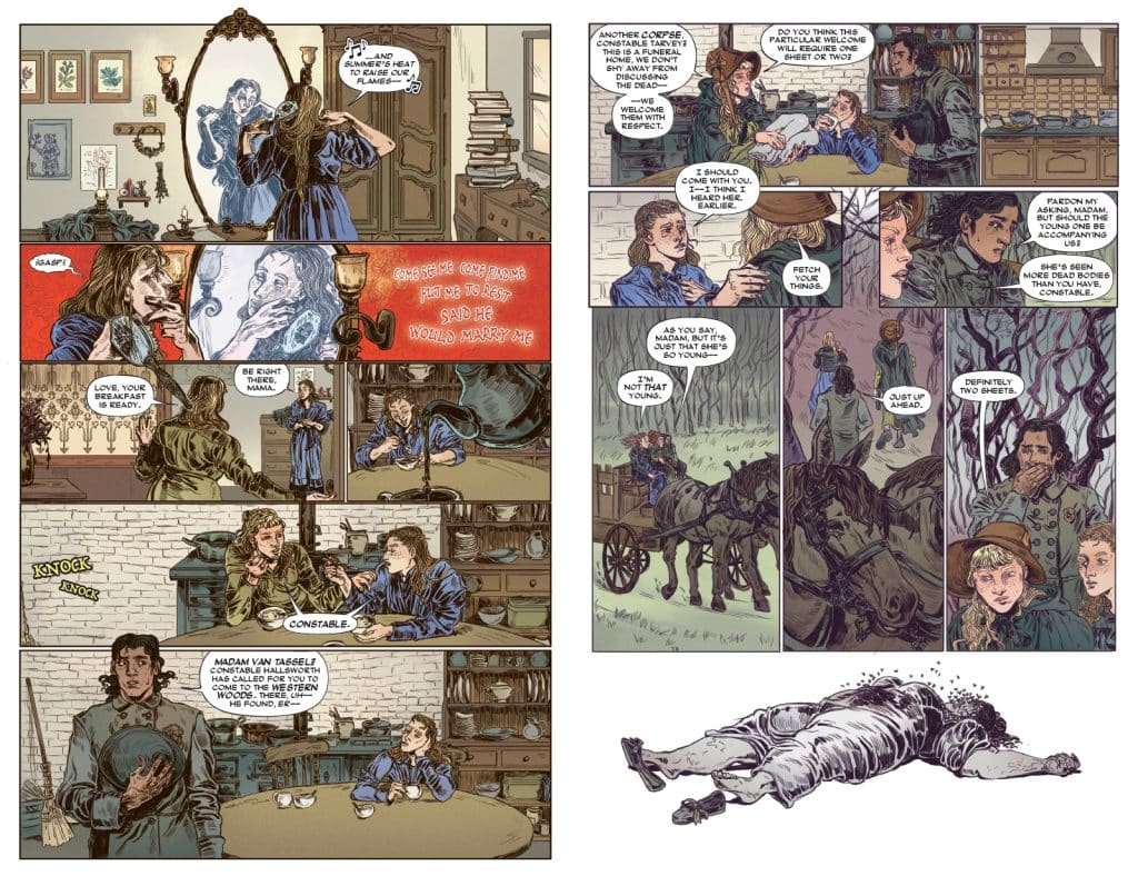 A comic strip depicting a woman preparing breakfast in a cozy room while another woman sings in front of a mirror. Several panels show a dialogue between a constable and a female character discussing a dead body found in the woods, featuring horses and a cart in the background.