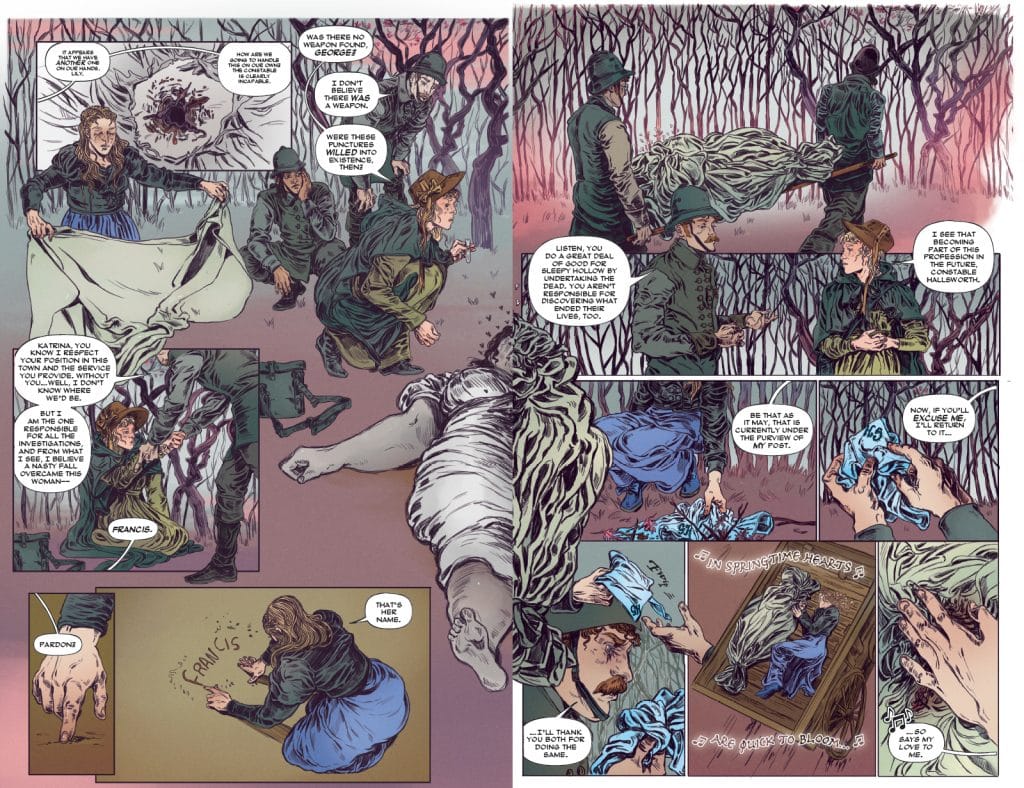 A comic book page depicting a dialogue between characters in a forest setting. One character, a woman in a blue dress, is shown interacting with a man in a green hat, while two soldiers carry a figure covered in a cloth. A dialogue bubble indicates a discussion about a deceased woman named Francis. The atmosphere is tense, with dark trees in the background and a somber tone.