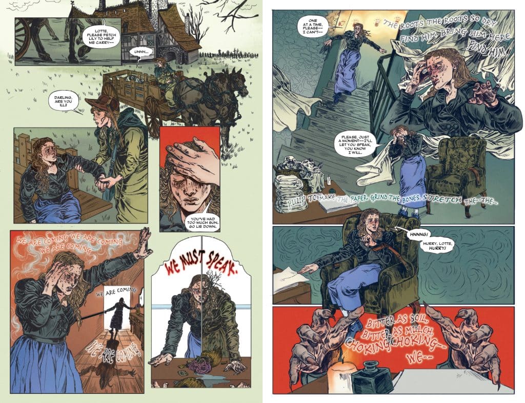 A comic book page illustrating a tense scene with a worried woman and a friend, set in a rustic environment. The characters express urgency and distress, with dialogue emphasizing a need for action and a looming threat.