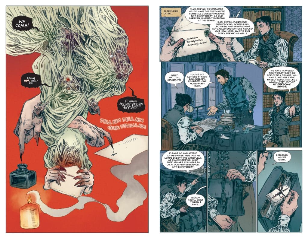 A comic book illustration depicting a supernatural entity emerging from a sheet of paper, surrounded by ominous text and dark imagery. The scene shifts to a conversation between two characters at a desk filled with papers and books, one character gesturing emphatically while the other listens intently.