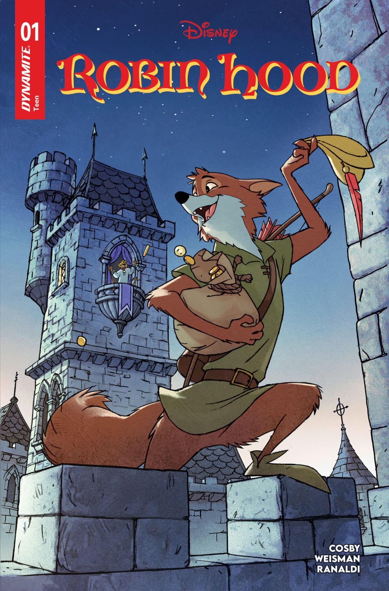 A vibrant comic book cover featuring a fox dressed as Robin Hood, standing proudly on a stone wall with a castle backdrop. He holds a bow and arrows, with a mischievous expression, ready for adventure.