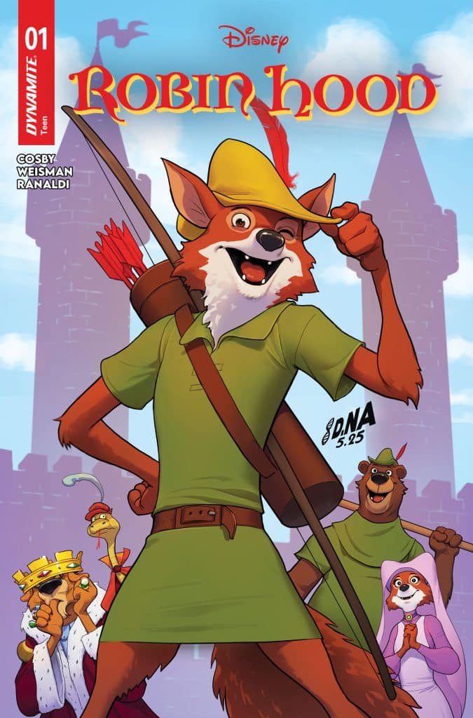 A colorful comic book cover featuring Disney's Robin Hood, a fox in a green tunic and hat holding a bow and arrow, accompanied by various animal characters like a bear and a king in the background.