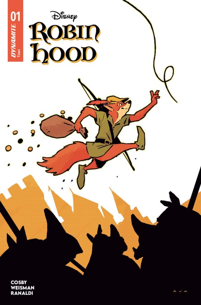 Cover of the comic 'Disney Robin Hood', featuring a cartoon fox dressed as Robin Hood, holding a bag of money while leaping and surrounded by silhouettes of other animals.