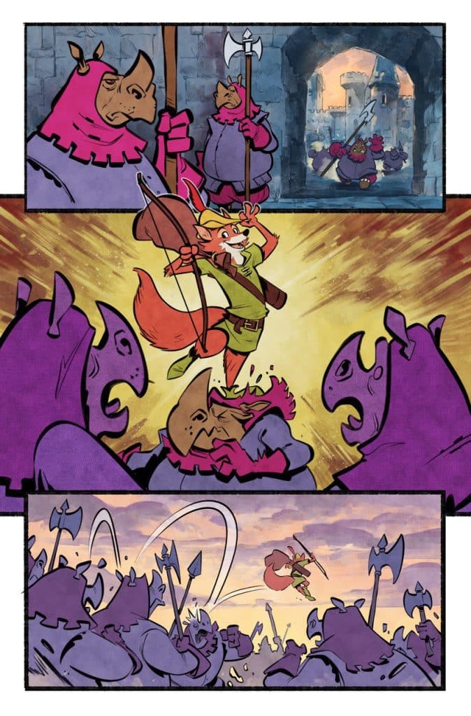 A comic-style illustration depicting a fox character in a green outfit wielding a bow, engaged in battle against pink and purple creatures with axes.