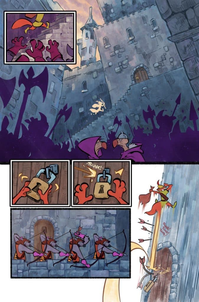 A colorful comic scene with a character leaping over a crowd of guards in a medieval setting, a close-up of a character holding a padlock and key, and a group of archers preparing to shoot arrows.