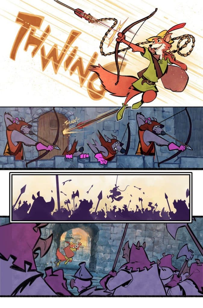 A comic panel featuring a fox character shooting an arrow from a bow, with the sound effect 'THWING' displayed. Below, several wolf characters aim their bows in response. Another panel shows the fox in motion, evading a crowd of armed figures in a castle setting.