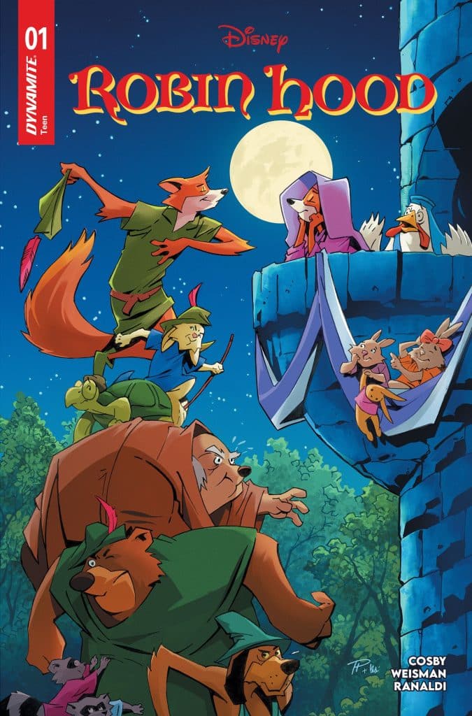 A colorful comic book cover featuring anthropomorphic animals in a forest setting. Robin Hood, depicted as a fox, stands confidently in a green outfit, while other characters, including a bear and various woodland creatures, gather around. A castle tower and a full moon are visible in the background, creating a whimsical atmosphere.