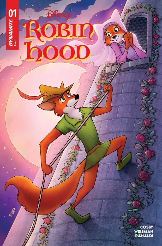 Colorful comic cover featuring Disney's Robin Hood, a fox in a green outfit climbing a rope towards a character in a purple dress, set against a twilight sky and castle backdrop.