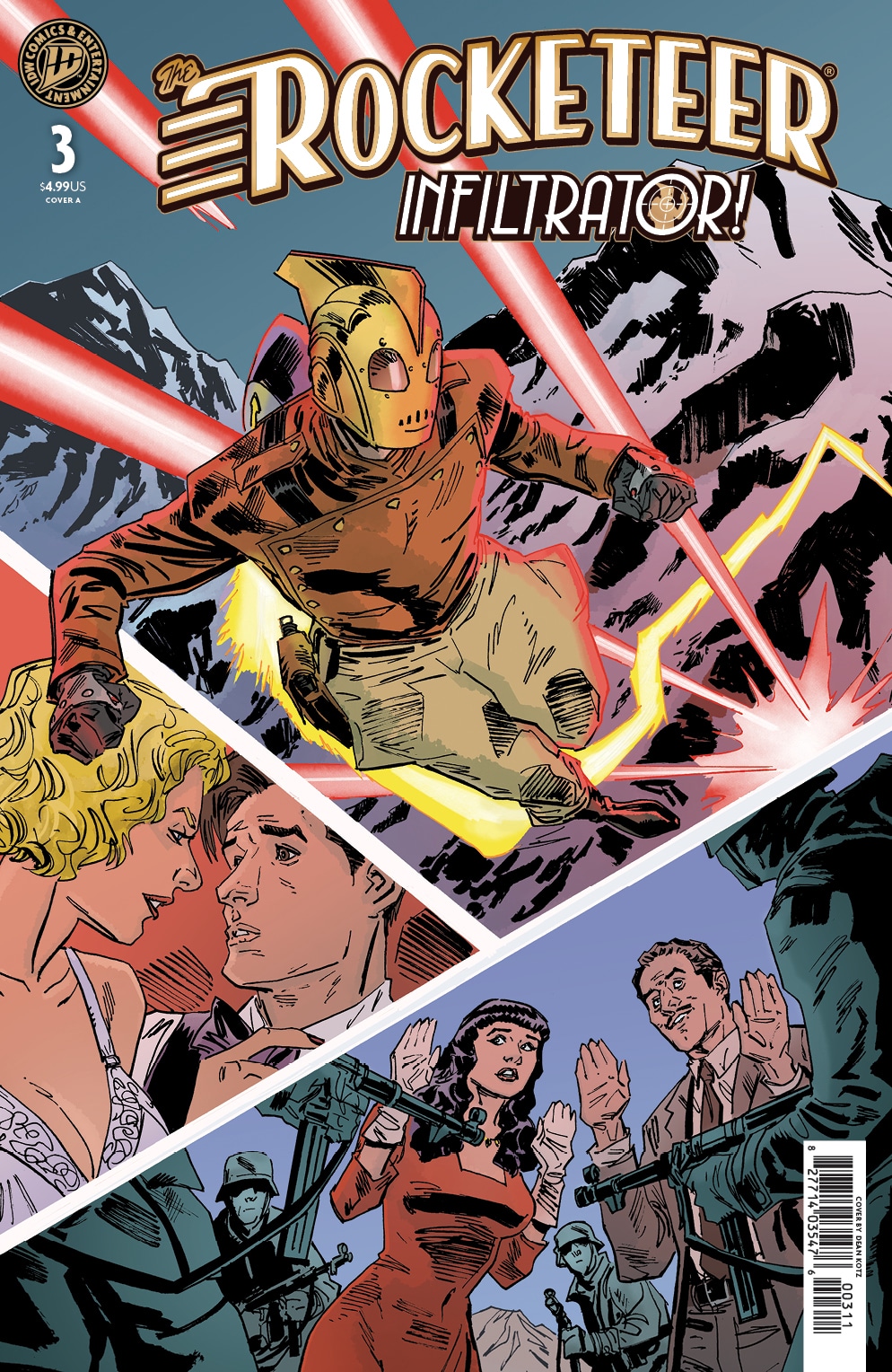 Cover of The Rocketeer: Infiltrator #3, featuring the Rocketeer flying over mountains with laser beams, and scenes of characters interacting below, including a woman in a red dress and soldiers.