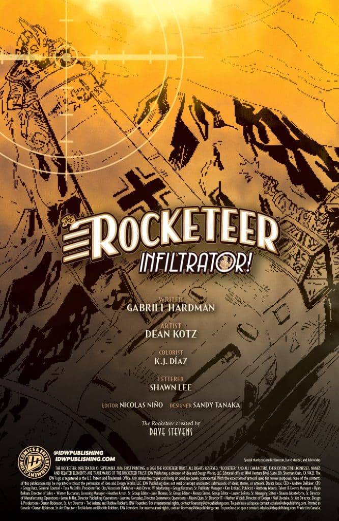 Cover of 'The Rocketeer: Infiltrator!' comic featuring a stylized retro design, with a faded background of an aircraft and military elements. Text includes credits for the writer, artist, colorist, letterer, editor, and designer, along with the original creator's name.