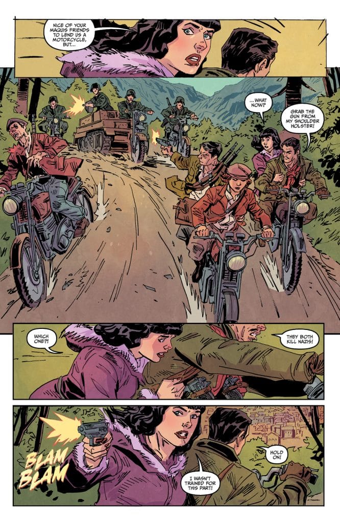A comic book panel featuring a tense scene where a woman with dark hair and a pink coat holds a gun, looking surprised while riding on a motorcycle. Several armed men on motorcycles and a military vehicle pursue them down a forested road.