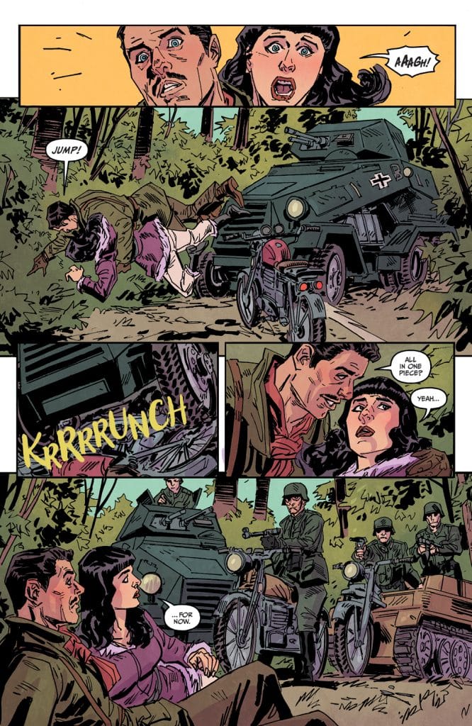 A dramatic comic book scene featuring two characters in a tense moment as a military vehicle approaches. One character is shouting 'JUMP!' while another expresses fear. In the background, a soldier rides a motorcycle beside an armored vehicle, adding to the urgent atmosphere.
