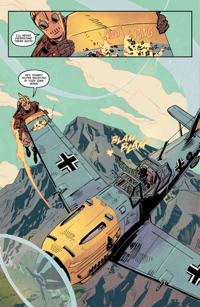 A colorful comic panel featuring a vintage airplane in mid-air, with a pilot firing a gun. A character with a helmet is seated atop the aircraft, observing the chaos below as explosions occur.