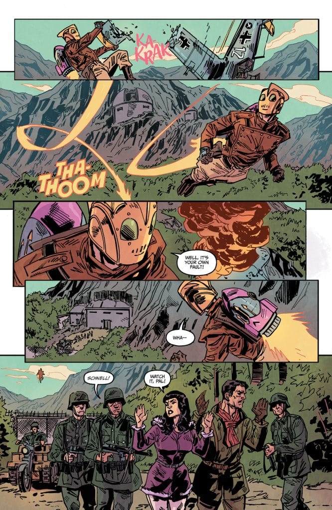 A comic book scene featuring a vintage styled robot, The Rocketeer, jumping through the air with an explosion in the background. Soldiers in World War II uniforms are present, reacting to the chaos, while a woman in a purple dress expresses surprise.