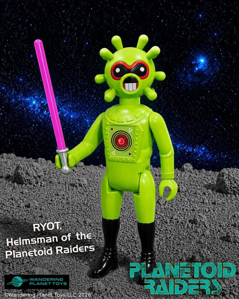 A bright green action figure named Ryot, wearing a suit with a circular design, holding a pink lightsaber, set against a starry background with a rocky surface.