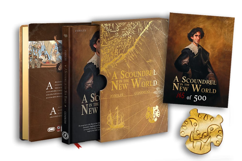 A collection of books titled 'A Scoundrel in the New World' presented in a decorative box, featuring illustrations, a numbered print of the artwork, and an engraved item.