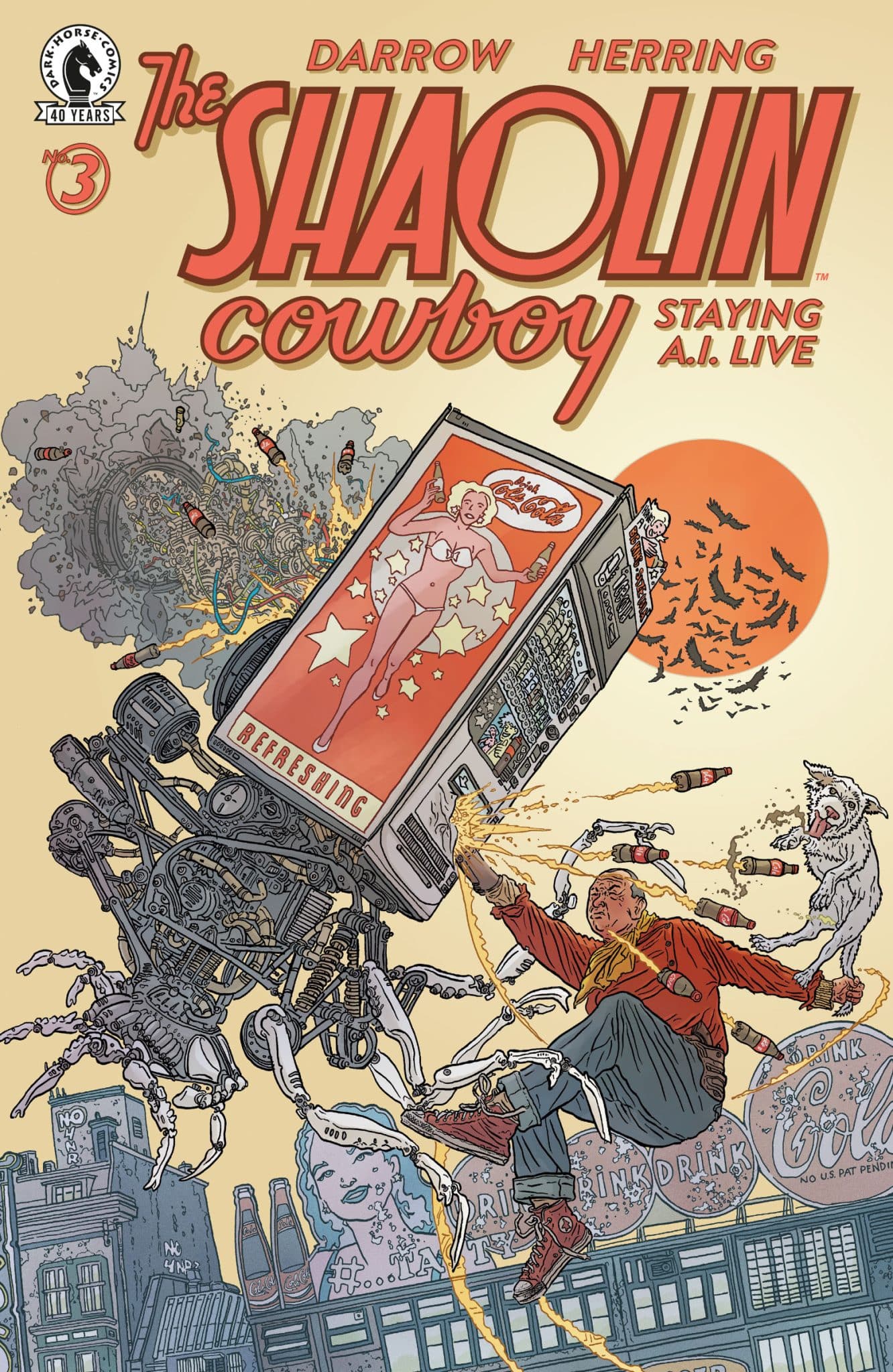 Comic book cover featuring 'The Shaolin Cowboy' with dynamic artwork, showcasing a cowboy battling with an animated soda machine and various robotic spiders, set in a vibrant cityscape.