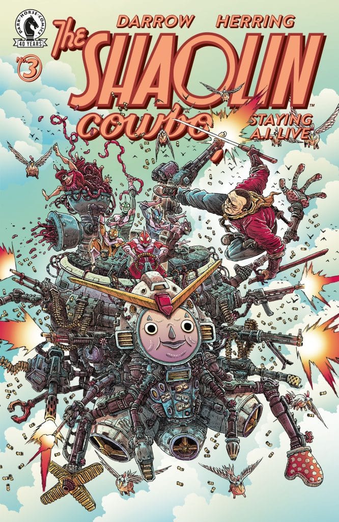 Cover art for 'The Shaolin Cowboy' comic book, issue #3, featuring a chaotic scene with various characters, robotic elements, and vibrant explosions against a blue sky.