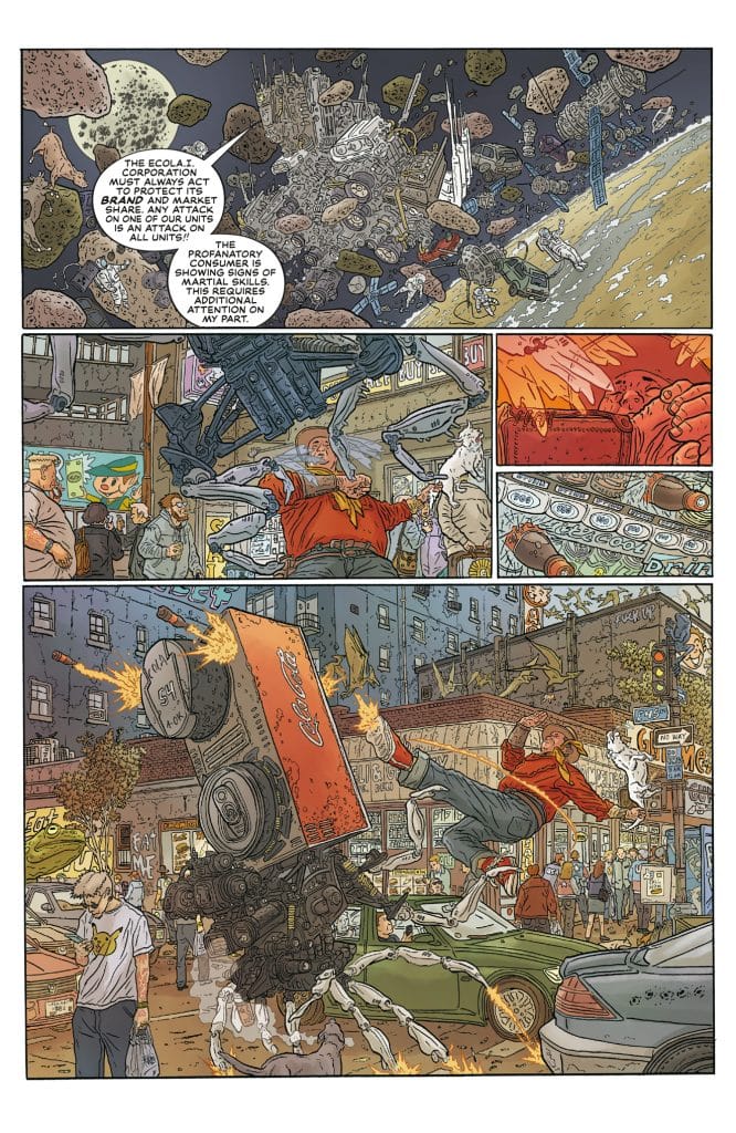 A busy urban scene with a chaotic confrontation between a giant robot and a man in a red jacket. The robot, resembling a soda vending machine, is firing projectiles while pedestrians react with surprise. In the background, buildings and shops create a vibrant city atmosphere.