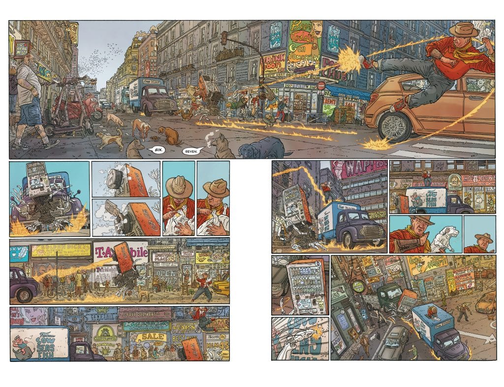 A chaotic urban scene depicting a bustling street filled with people, animals, and vehicles. A man jumps dramatically from a car, shooting flames amidst the commotion. Various shops and advertisements are visible in the background, contributing to the vibrant city atmosphere.