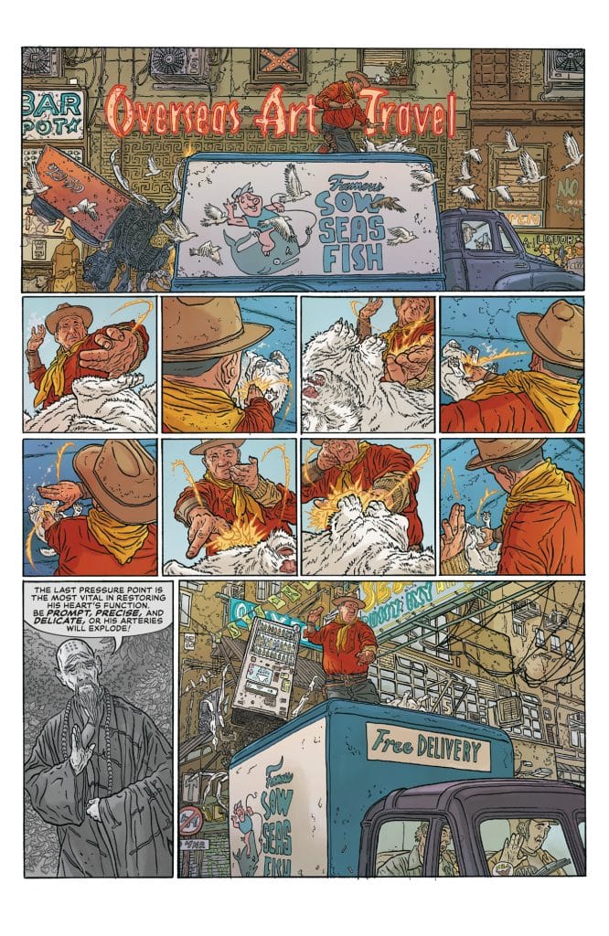 A comic-style illustration depicting various characters interacting in a busy urban environment, featuring a large sign that reads 'Overseas Art Travel' and a delivery truck advertising 'Sow Seas Fish'. The panels showcase a range of expressions and moments, including a man struggling with a white fluffy animal, and a figure in a hat making hand gestures.