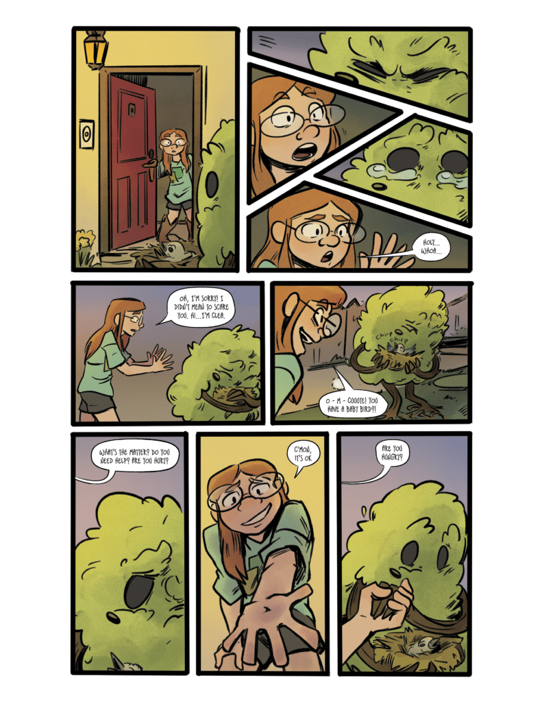 A comic panel showing a startled girl at her front door, encountering a bush with a surprised face. She apologizes for scaring it.