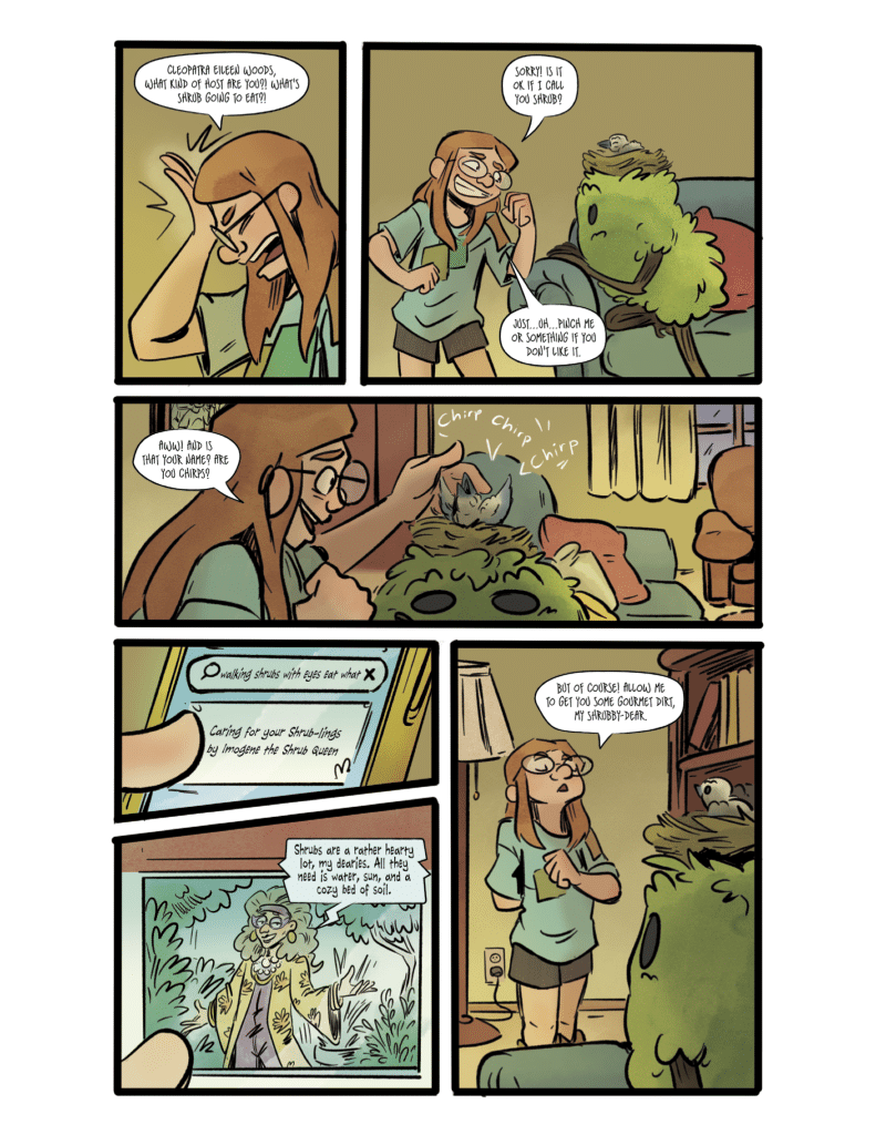 A comic strip featuring a character named Cleopatra discussing food with a plant-like creature called Shrub. The characters are depicted in a cozy living room setting, with humorous dialogue about caring for plants and their needs.