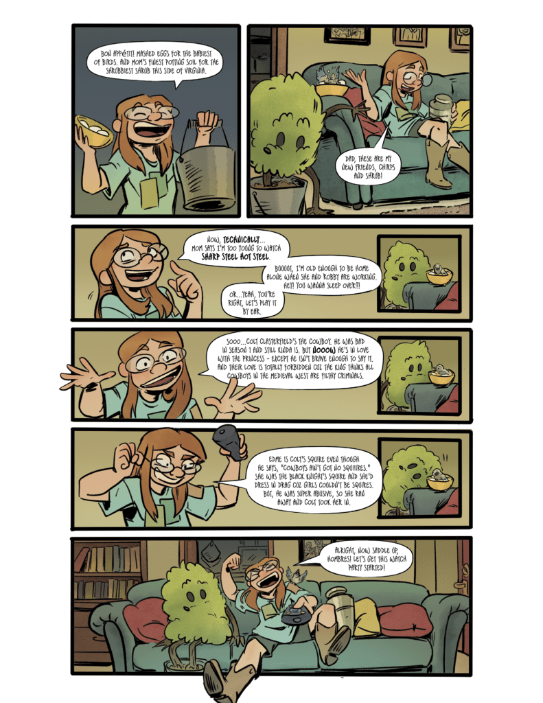 A cartoon comic strip featuring a smiling girl with glasses discussing her new friends, who are a plant character and a bush-like creature, while eating snacks and sitting on a couch.