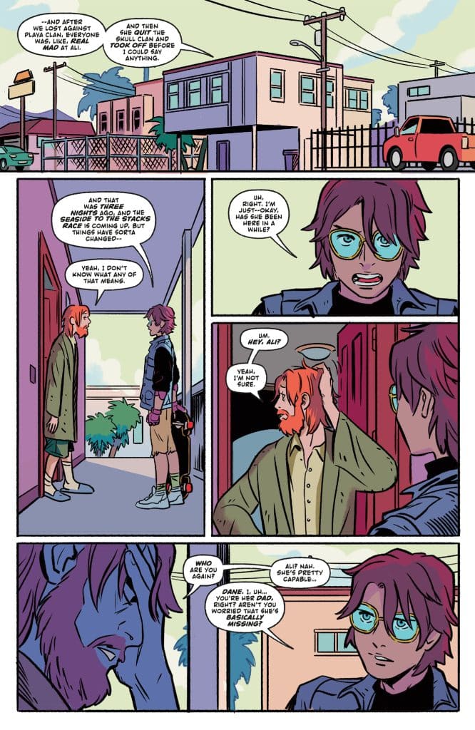 A comic-style illustration featuring two characters engaged in conversation. The first character has light brown hair and glasses, wearing a black shirt and jacket. The second character has long red hair and a beard, dressed in a casual outfit with a long coat. They are outside a house with a colorful modern setting, and the scene conveys a sense of concern and inquiry about a missing person.