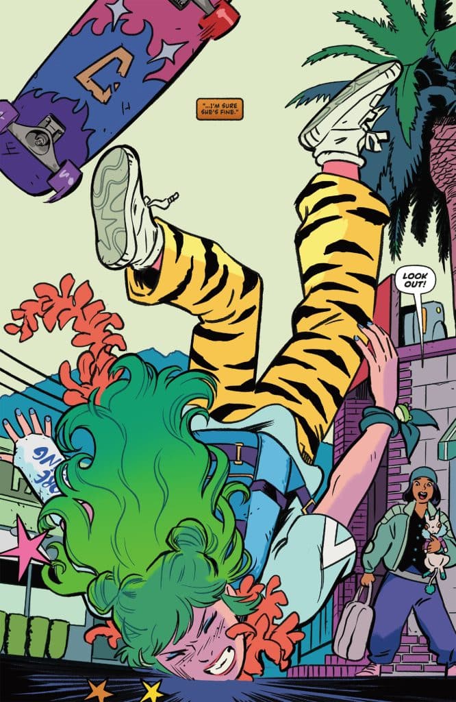 A skateboarder with green and pink hair is performing a trick while wearing tiger-striped pants and white sneakers, captured mid-air against a colorful urban background.