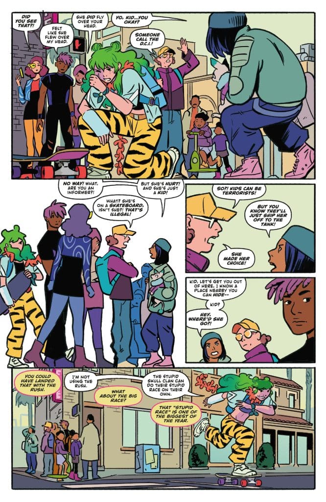 A colorful comic panel depicting characters reacting to a girl with green hair and a tiger-striped outfit on a skateboard, who appears to be hurt. Several onlookers express concern and confusion about the situation.