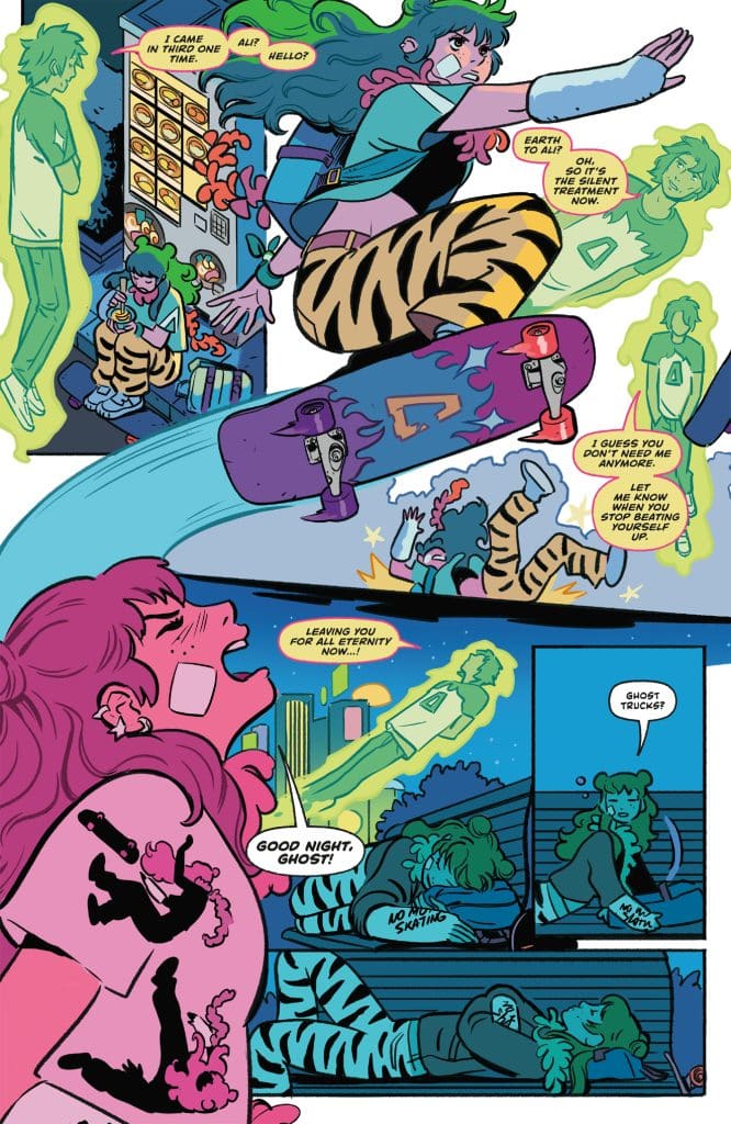 A colorful comic page depicting a girl skateboarding while interacting with ghostly figures, expressing emotions like frustration and sadness. The scene features urban elements, including a vending machine and a city skyline in the background.