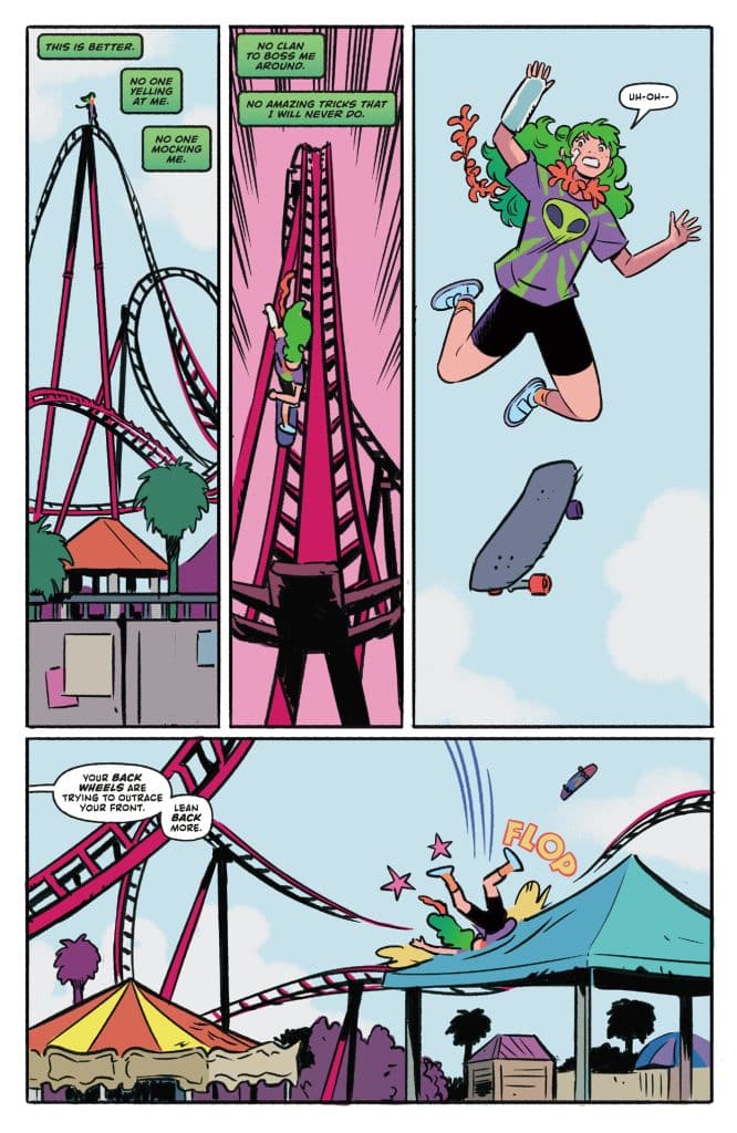 A comic strip showing a character with green hair and a skateboard, expressing excitement about riding a roller coaster. The character is depicted in various panels: climbing the coaster, jumping off with a surprised expression, and falling while being advised to lean back on their board.