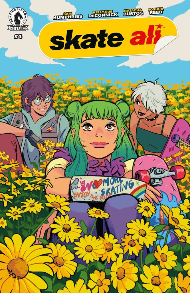 Cover of the comic 'Skate Ali' featuring three characters surrounded by yellow flowers, with the main character in the foreground seated with a skateboard and a colorful outfit.