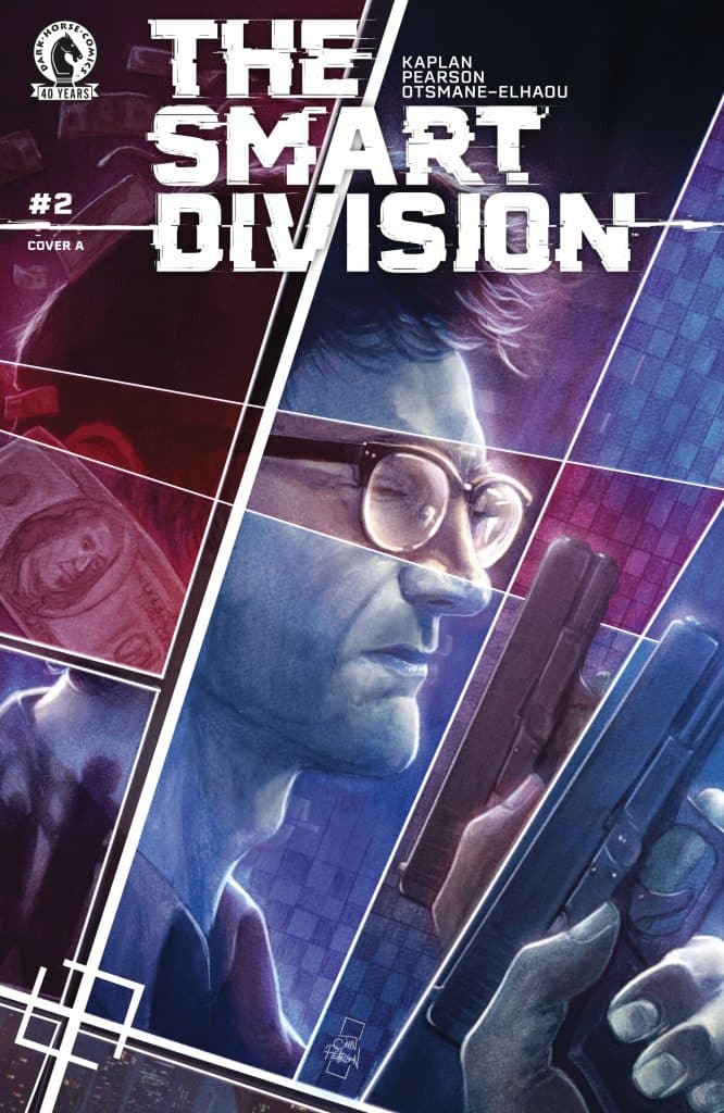 Cover art for 'The Smart Division' #2 featuring a male character with glasses holding a handgun, set against a stylized background with geometric patterns.