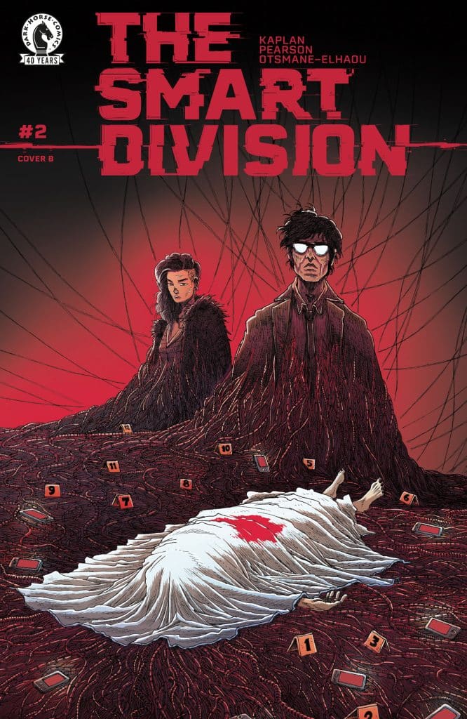 Comic book cover for 'The Smart Division' #2 featuring two characters in the foreground and a body wrapped in white cloth with blood on the ground. The background is filled with red and black lines, creating a tense atmosphere.