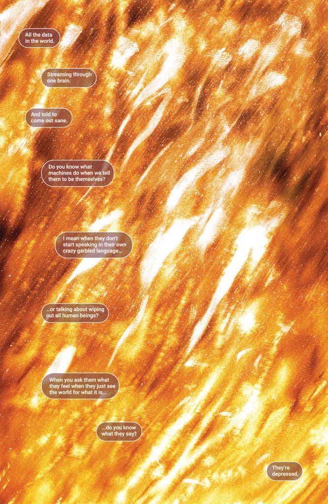 An abstract background with warm yellow and orange hues, featuring overlapping lines and textures, overlaid with conversation bubbles discussing the concept of machines and their perception of humanity.