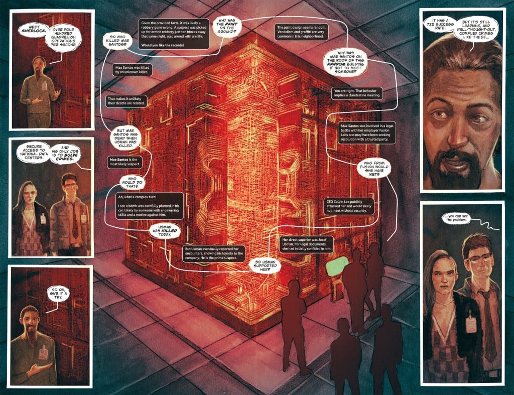 A comic-style image illustrating a complex discussion surrounding a murder investigation. The scene shows a red, glowing cube in a dark environment, with dialogue bubbles among characters discussing various suspects and details of the case.