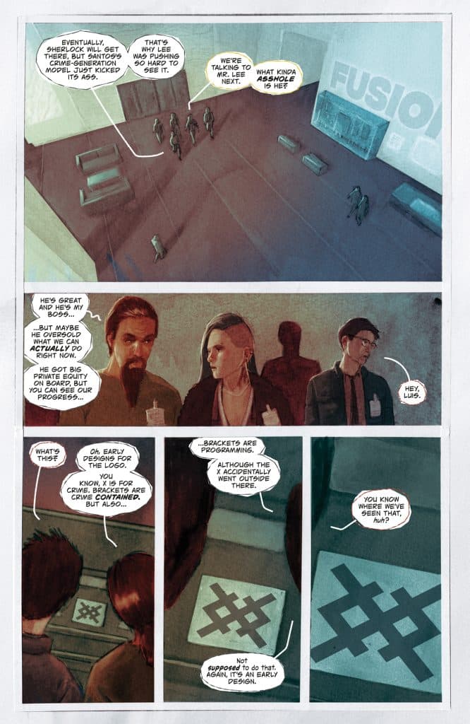 A digital comic panel depicting a group of characters discussing a project in a modern office space. One character points to a design on a table, while others engage in conversation about its significance.